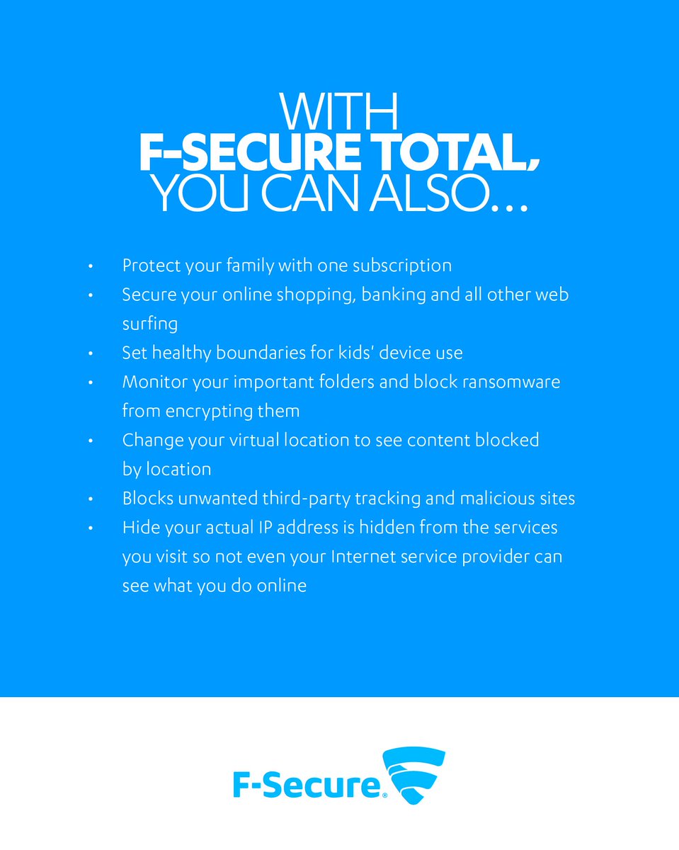WithSecure's tweet photo. You can secure yourself, your devices and your home network with just one subscription. Times are complex, but your security doesn't have to be!

That's why we created F-Secure TOTAL: https://t.co/pZQTeUQlqi #fsecuretotal #cybersecurity https://t.co/ShgURAJ3aW