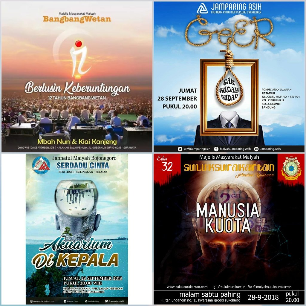 gipGalih_Indra's tweet photo. Malam ini akan berlangsung acara Maiyahan di berbagai tempat, yaitu di @BangbangWetan , @SerdaduCintaID , @suluksurakartan dan @MBjamparingasih
#BBWSept
#SCSept
#SSSept
#JASept https://t.co/0Qw4plaWjt