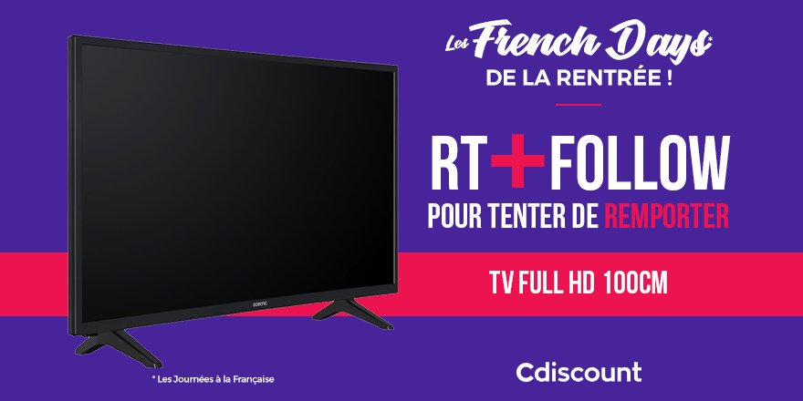 🎁 #Concours 👌 À gagner pour les #FrenchDays : TV Full HD 100cm 👉 bit.ly/2xWsbqr 🔸 Pour tenter votre chance : RT + Follow @Cdiscount ☑️ TAS 01/10 #CdiscountFrenchDays