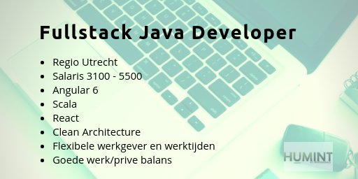 HUMINT_NL's tweet photo. Vacature Fullstack Java Developer.
https://t.co/TStvwgq6w2
Je ontwikkelt samen met senior Full Stack Java Developers in een innovatief en ervaren #DevOps team o.a. met #Java 8, #Scala, #Angular 6 en #React aan een grote applicatie. #fullstack #vacatureutrecht #Javavacature https://t.co/PweX7DvDBT