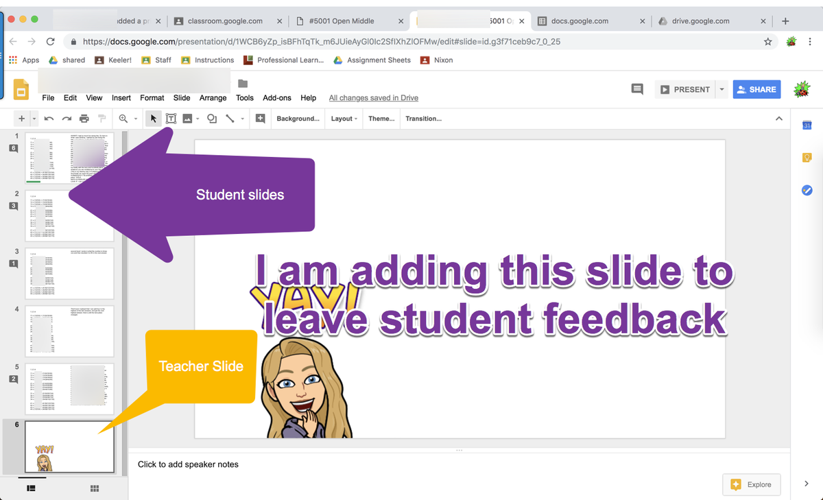 alicekeeler's tweet photo. I love using #googleSlides! When students do their work on Slides I can add extra slides to add feedback (and of course throw in a bitmoji) https://t.co/ONRUk3Hb7A  #googleEDU