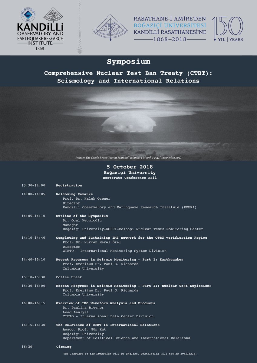 Kandilli Rasathanesi On Twitter Sempozyum Duyurusu Comprehensive Nuclear Test Ban Treaty Ctbt Seismology And International Relations Bogazici Universitesi Rektorluk Binasi 05 10 2018 Not Sempozyum Dili Ingilizce Dir Tercume Yapilmayacaktir