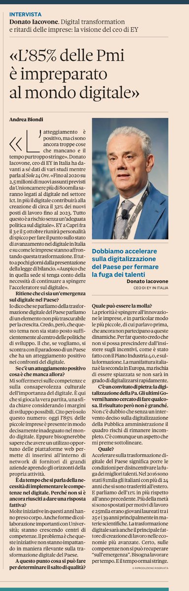 donferri68's tweet photo. Il 32% dei 2.500.000 di posti di lavoro che si creeranno nei prossimi 5 anni saranno legati al digitale. Il gap di competenze mette a rischio questa possibilità. Ne parleremo a #EYCapri #www.ey.capri.it @EY_Italy https://t.co/e2wvPBIJ7L