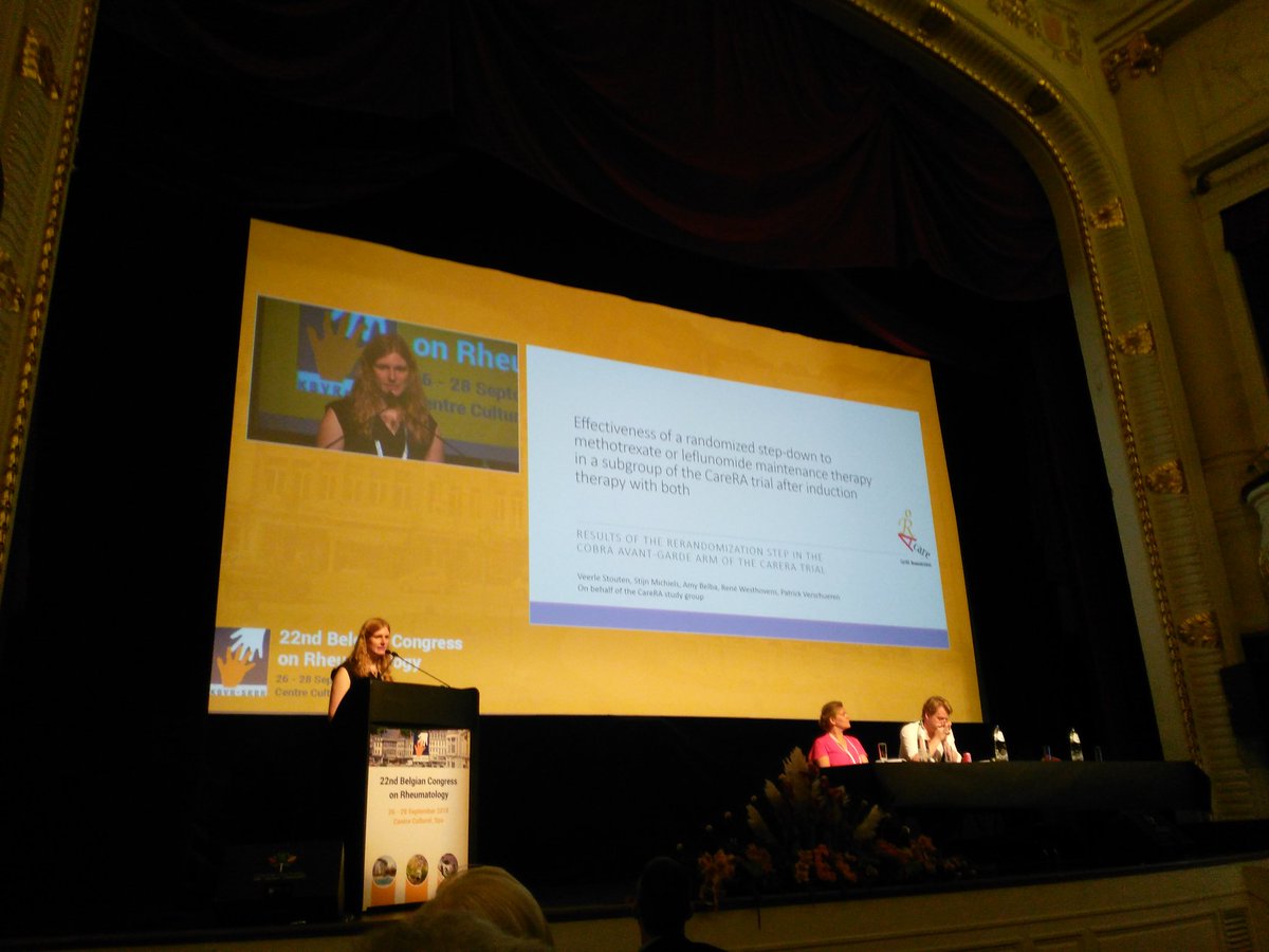 DiederikDeCock's tweet photo. Veerle Stouten showing the advantage of mtx over leflunomide maintenance therapy after intensive treatment initiation. #CareRA @Kristienvde #bcr18 https://t.co/aoRaYOX041