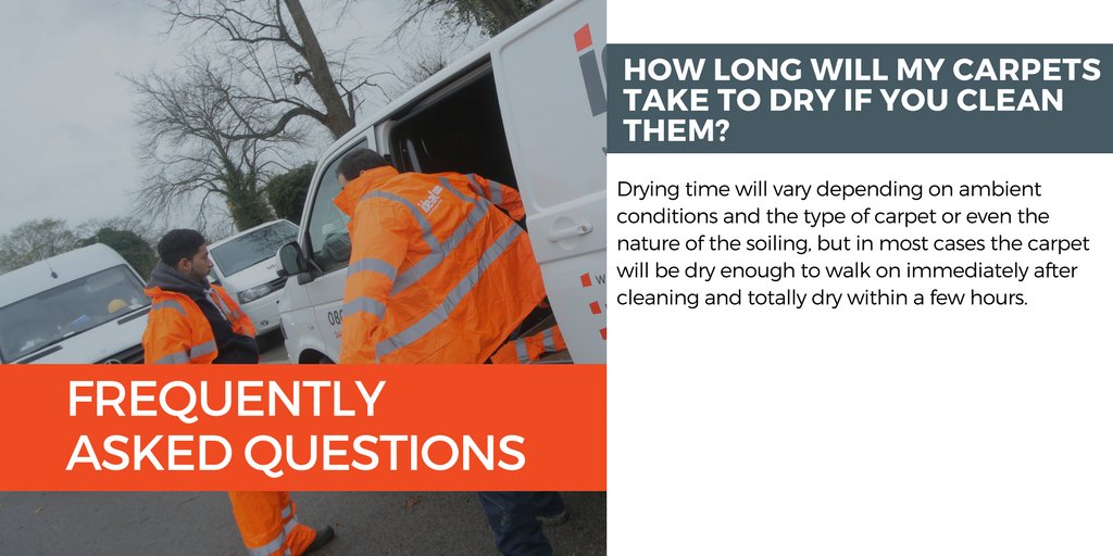 Drying time will vary depending on ambient conditions and the type of carpet or even the nature of the soiling, but in most cases the carpet will be dry enough to walk on immediately after cleaning and totally dry within a few hours.

#CarpetCleaning #IndustrialCleaning