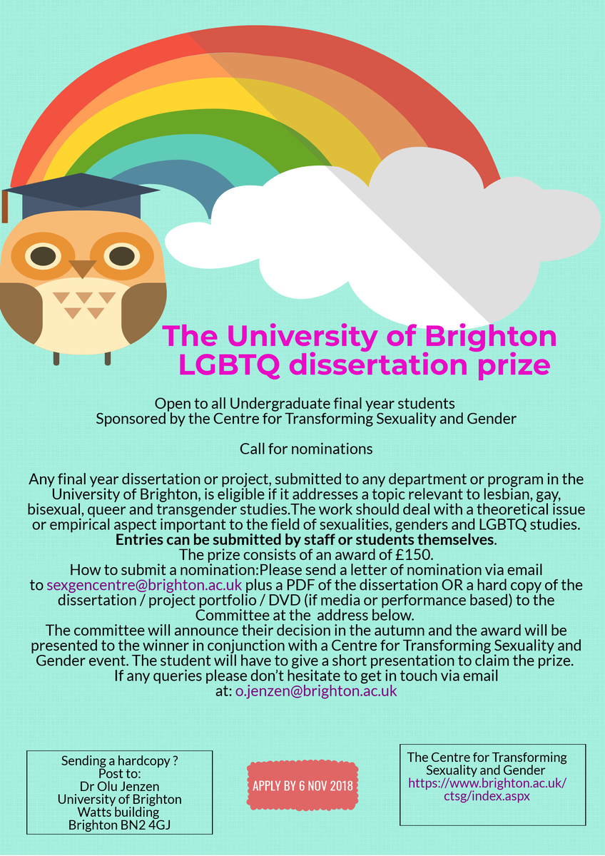 CTSG_Brighton's tweet image. @UoB_Equality @UOBLGBTplus @UoB_LGBT - did you know we award a student prize for best LGBTQ research dissertation every year? There is still time to nominate. Students - send us your amazing work!