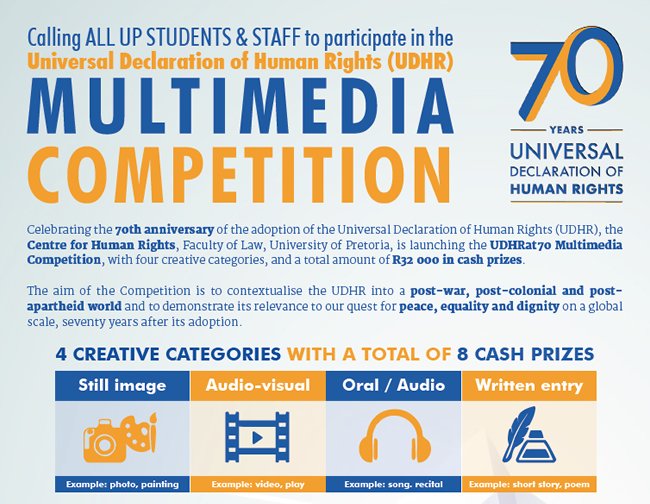 CHR_HumanRights's tweet photo. The #UDHRat70 Multimedia Competition deadline has been extended to the 31 October 2018. 

For full details, resources, submission procedure
and the rules of the #UDHRat70 Multimedia
competition, please visit the official UDHRat70
website: https://t.co/sZyZTOItQO https://t.co/POO3a76RpL