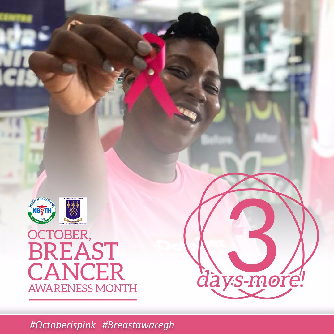 Breast cancer usually starts as a painless lump in the breast. Please do not wait for a lump to become painful before reporting to the hospital.

#Countdown to Breast Cancer Awareness Month.

#BeBreastAware
#OctoberIsPink
#KBTH