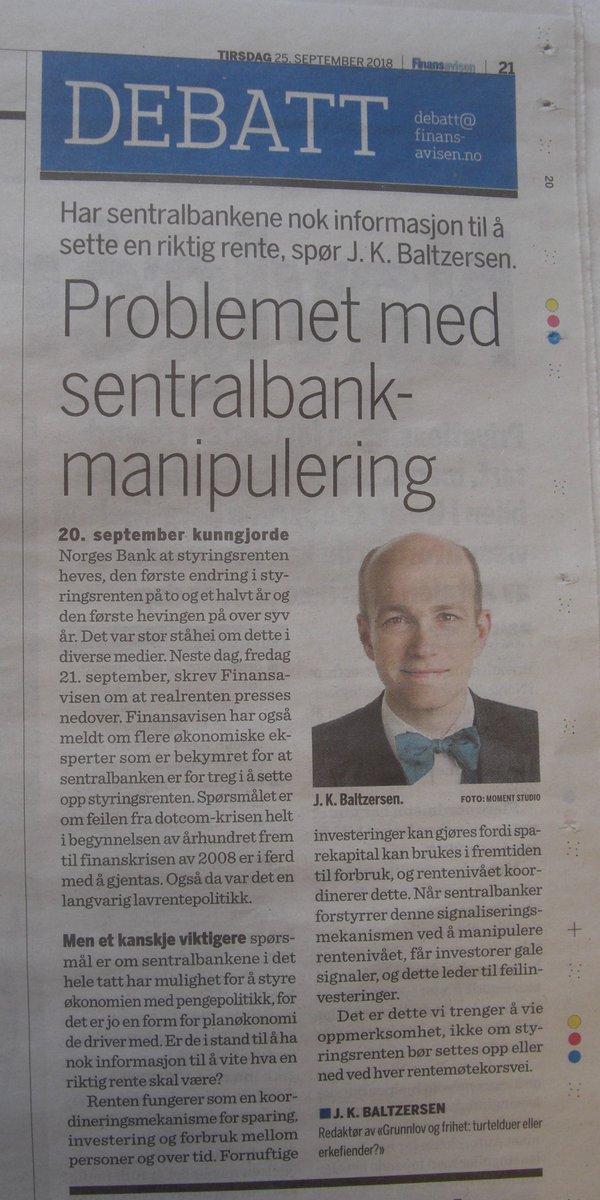 GrlFrihet's tweet photo. Redaktør av #GrlFrihet (#Grunnlov og #frihet), @jkBaltzersen, skriver i @Finansavisen tirsdag denne uken i anledning forrige ukes rentevedtak. #Pengepolitikk, #pengesystem, #sentralbank o.l. er tema i kap. 7 i @GrlFrihet om Eidsvoldsgarantien &amp; #inflasjon|en ved Thomas Kenworthy. https://t.co/aldpcIFIqW