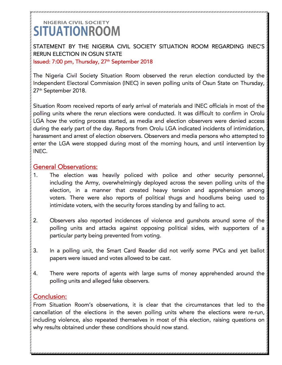 EiENigeria's tweet image. Statement by the Nigeria Civil Society Situation Room on the Osun Governorship Rerun Election.
#OsunDecides2018
#RSVP