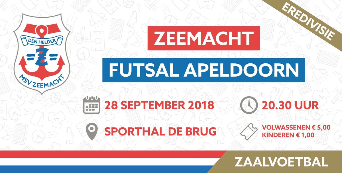 #MATCHDAY
🆚 | <a href="/MSVZeemacht/">MSV Zeemacht</a> - Futsal Apeldoorn
🏆 | @eredivisiezaal 
📊 | Speelronde 3
🏟 | Sporthal De Brug, Den Helder
🕤 | 20.30 uur
🎟 | €5,00 (kinderen €1,00)

#letsgosailors #knvb #zaalvoetbal #eredivisie #denhelder