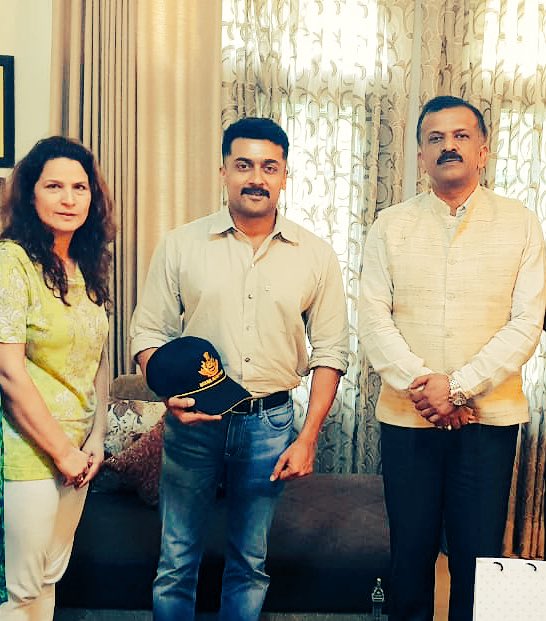 Suriya_offl's tweet photo. It will be a life time memory to have witnessed the patriotic n cordial side of Brigadier Gautham Ganguly! Thank you for the warm welcome sir! My special respects to Mrs.Parveen Ganguly, Hats off to all at #NSG https://t.co/oYZJcZjZNI
