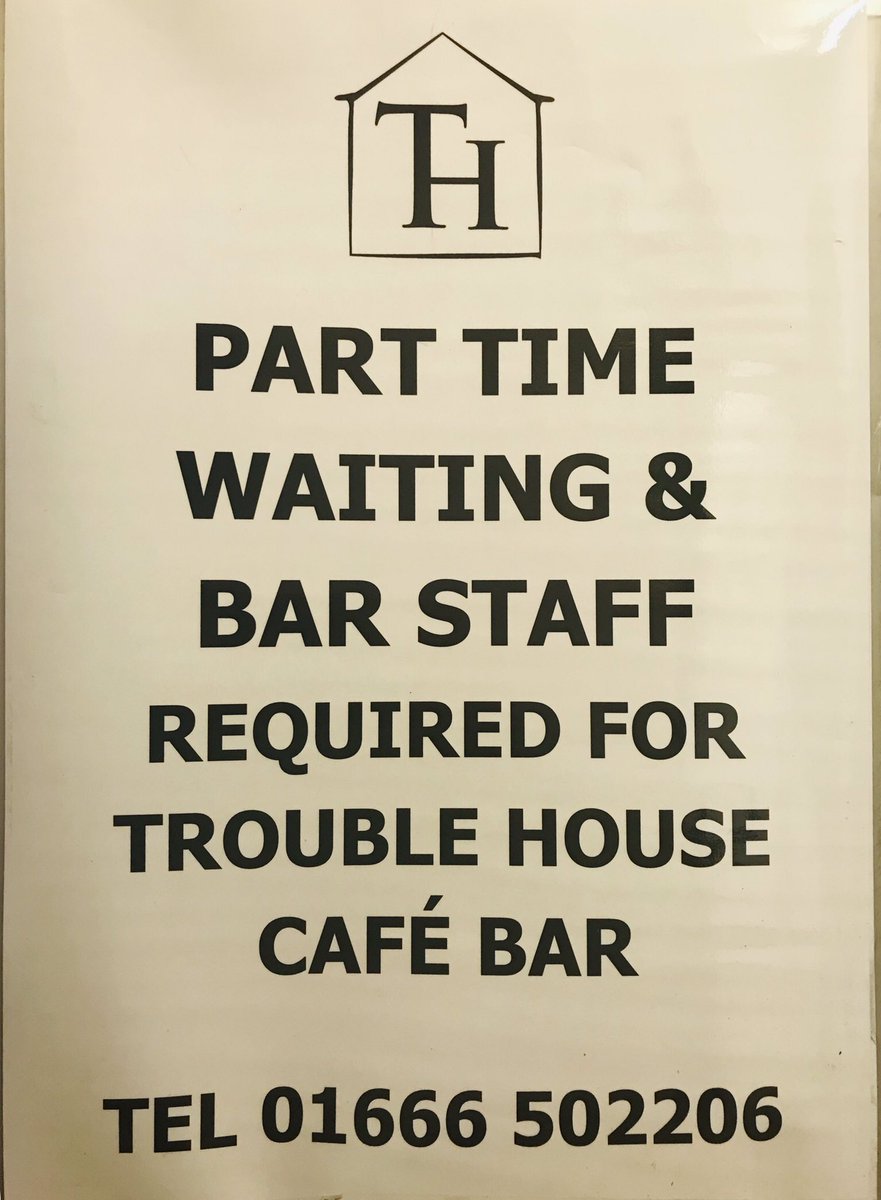 TroubleHouseBar's tweet photo. We are looking for part time staff to join our friendly team. A smile and a sense of humour essential! https://t.co/2gCbAjpM64