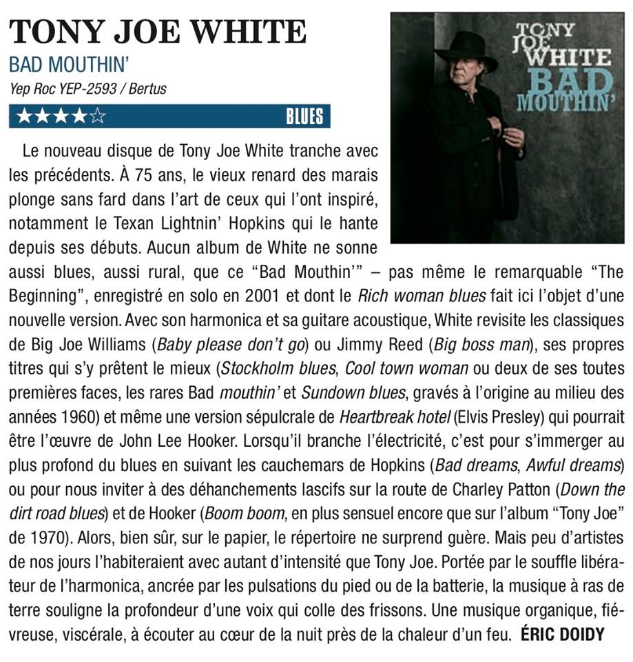 #BadMouthin, le nouvel album de l'icône Tony Joe White sort aujourd'hui via <a href="/yeproc/">Yep Roc Records</a> Roc Records et est dispo en CD, LP 180 Gr.

Un retour aux sources blues salué par Eric Doidy dans <a href="/soul_bag_mag/">Soul Bag</a> ! 🖋