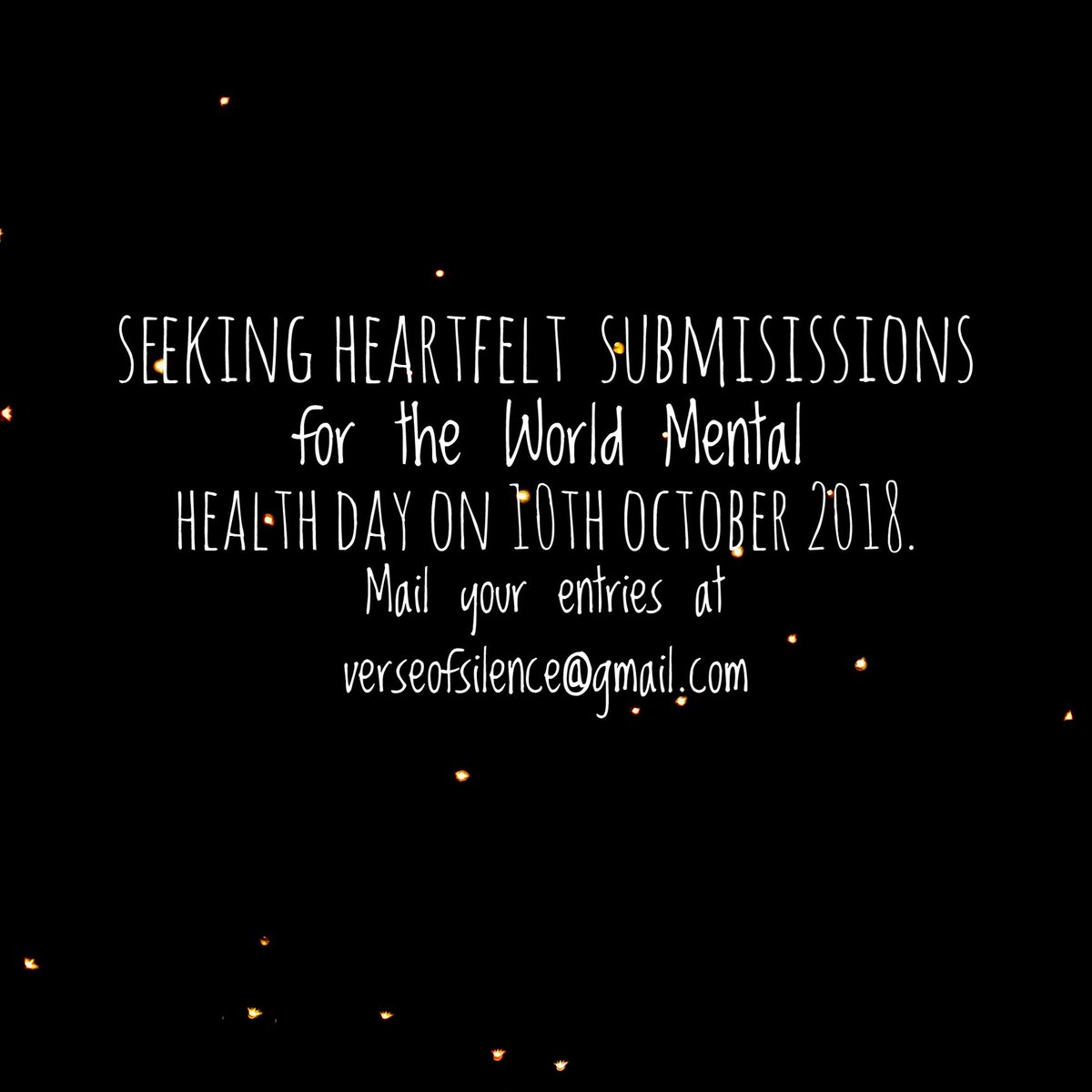 Verseofsilence's tweet photo. Seeking submissions for The World Mental Health Day on 10th October 2018. Send us your poetry, stories,  open letters and photo essays before 10th October. 
Select entries will be featured on our official website. 

https://t.co/UwP2z7mHpM 

#WorldMentalHealthDay #verseofsilence https://t.co/P79SkJ35z2