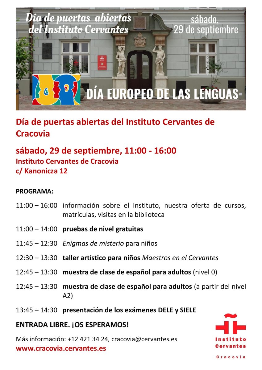 IC_Krakow's tweet photo. ¡Buenos días!, Dzień dobry! 🌞. Acércate mañana a nuestro centro y celebra con nosotros el Día Europeo de las Lenguas/Europejski Dzień Języków. #DEL2018 #EuropeanDayofLanguages https://t.co/dGREyiKqMB