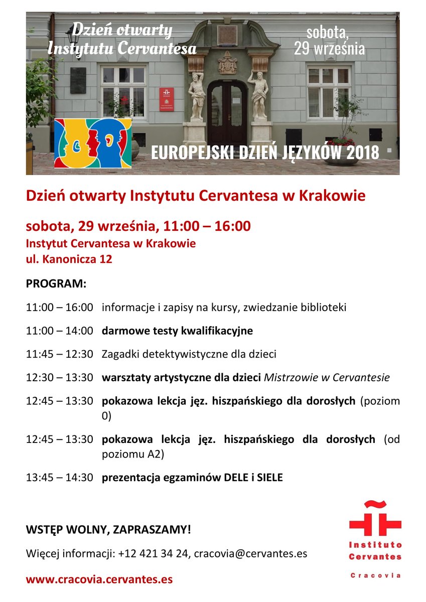 IC_Krakow's tweet photo. ¡Buenos días!, Dzień dobry! 🌞. Acércate mañana a nuestro centro y celebra con nosotros el Día Europeo de las Lenguas/Europejski Dzień Języków. #DEL2018 #EuropeanDayofLanguages https://t.co/dGREyiKqMB
