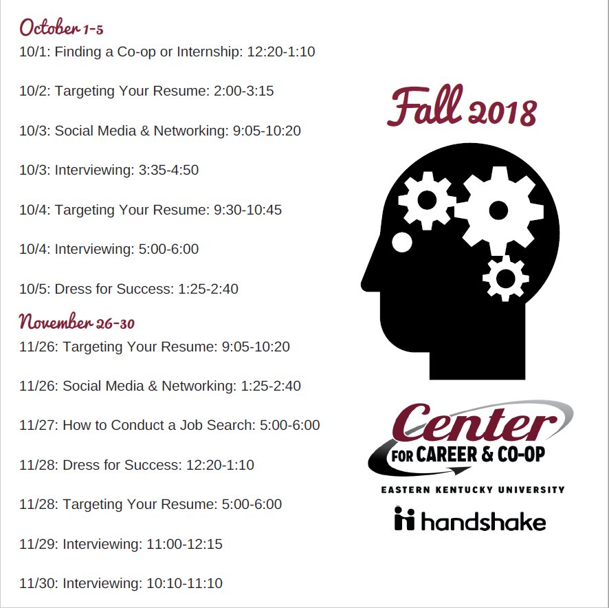 eku_oacs's tweet photo. Next week is the first of our Workshop Weeks! From 10/1-10/5 you can come to our office during any of the indicated times to learn about a variety of topics! No registration needed, but check your @joinHandshake account for more information! https://t.co/5lf2VTIVqM