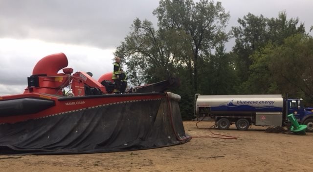BluewaveEnergy's tweet photo. You don't see that everyday! Great photo of one of our trucks delivering fuel to the CCGS Mamilossa in Ottawa. We recently made a safe and successful delivery to the Coast Guard hovercraft. https://t.co/suCLBQDN5D