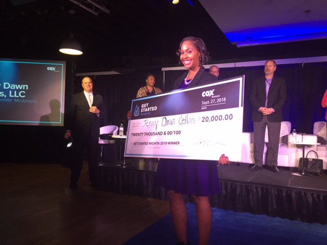 BillRoyICT's tweet photo. Congratulations to Jennifer and @jennydawncellar, winner of last night's #GetStartedWichita event, sponsored in part by @coxbusiness. Among her prizes: Sub and ad services from @ICTBizJournal! https://t.co/3xp9Qz1nZo