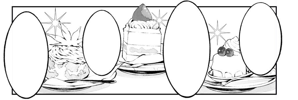 ケーキ描いた。フキダシで隠れるところまで描いてしまってる。デジタルだとよくやっちゃう。 