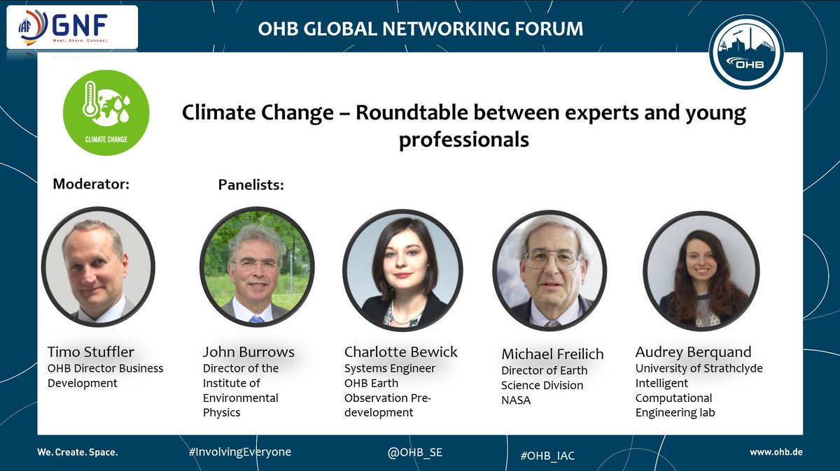 OHB_SE's tweet photo. SAVE THE DATE: Thusday 4th October, 10:50-11:50 @ CCB Hansesaal-- #IAC2018 #GNF2018 -->
#ClimateChange - Roundtable between experts and young professionals.
@NASA @SGAC @OHB_SE @UniStrathclyde @UniBremen #OHBgoesIAC https://t.co/mxYbw8Ianp