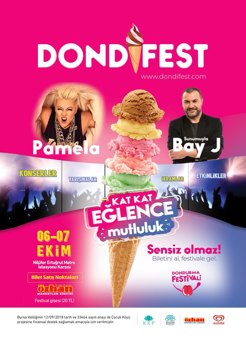 DondiFest's tweet photo. DONDİFEST, Türkiye'yi güldüren adam @bayjshow sunumuyla 6 Ekim Cumartesi sabahı başlıyor. Rock\elektronik müziğin coşkulu sesi @pamela_spence da 7 Ekim Pazar akşamı DONDİFEST konser sahnesinde! #dondifest #dondurma #festival #bayj #pamela #konser #müzik #karaoke #susava��ı #bursa https://t.co/aulUA5v0Au