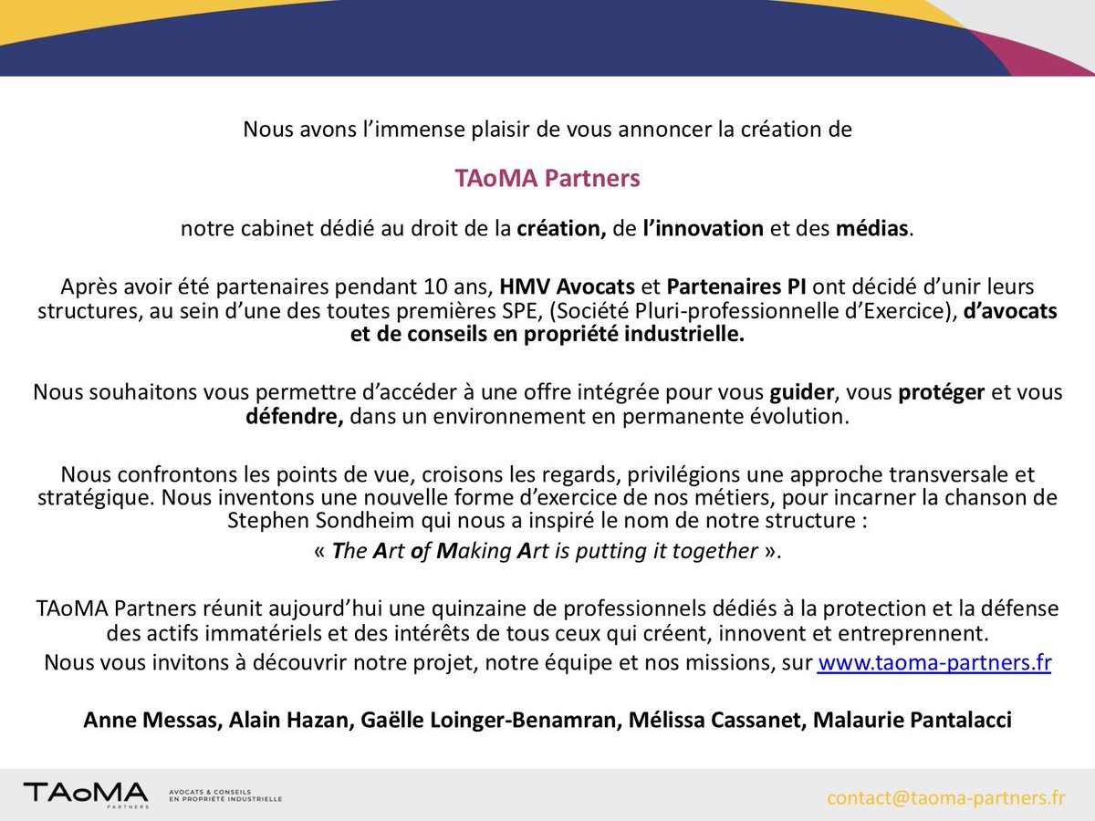 HMV Avocats x Partenaires PI s’unissent pour donner naissance à TAoMA Partners, cabinet de Conseils en Propriété Industrielle &amp; Avocats dédié au droit de la création, de l’innovation et des médias !