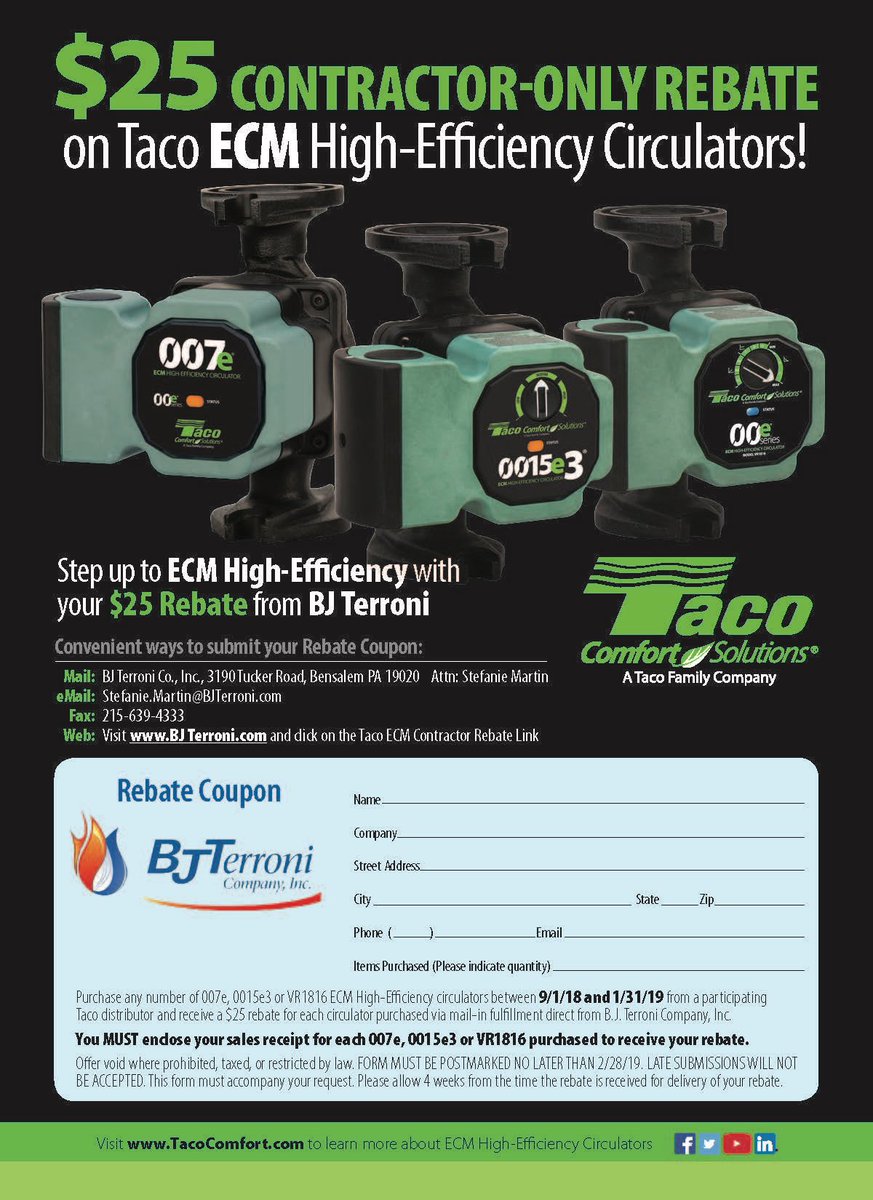 BJTerroniCo's tweet photo. $25 Dollar contractor only rebate! From now until 1/31/19 use any of the @TacoComfort 007e, 0015e3, or the VR1816, and you as the contractor can get $25 dollars back just by filling out the form seen below! Check out https://t.co/gtoegb568o for details. https://t.co/ETBE0oYhM9