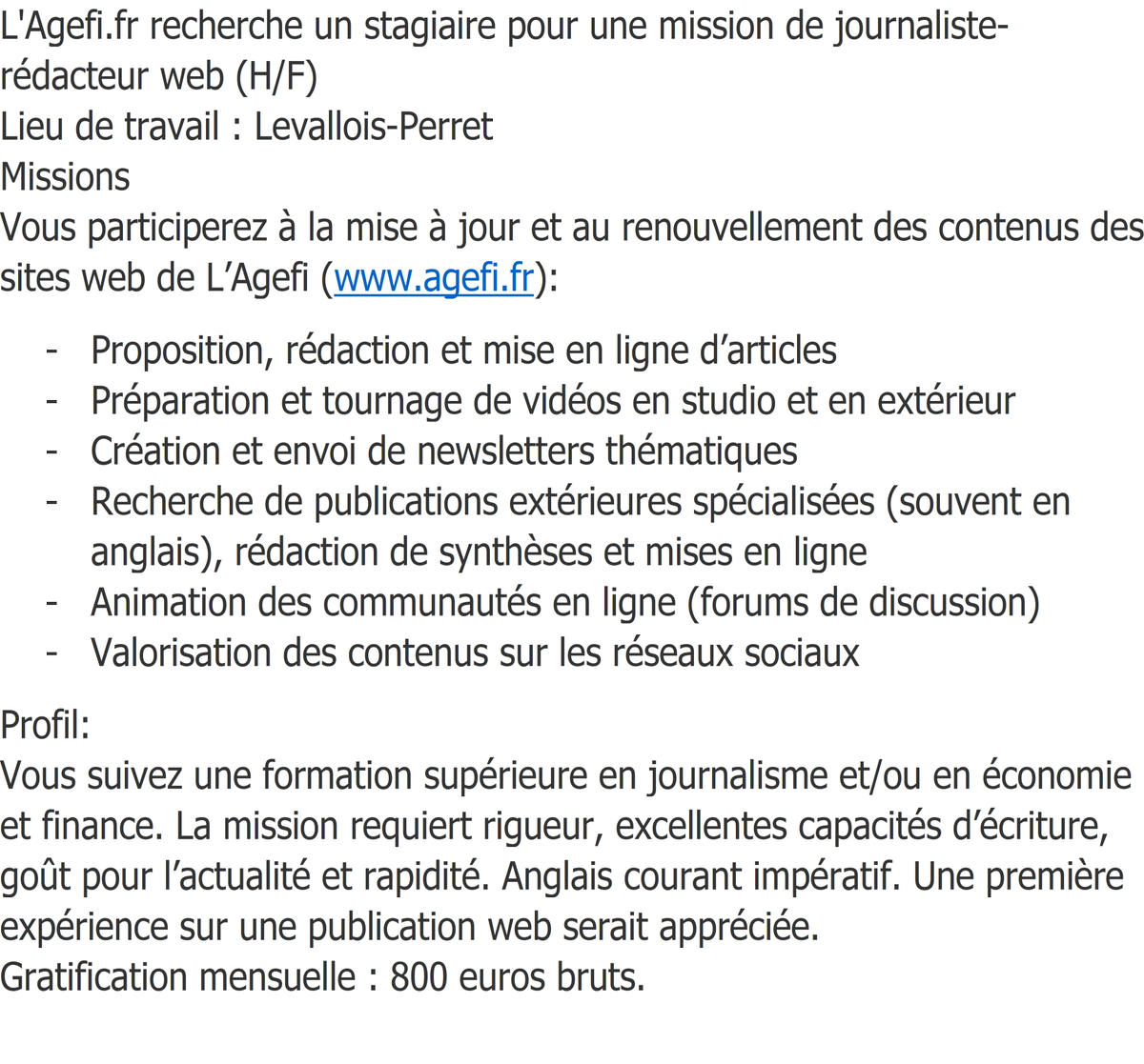 AgefiFrance's tweet image. L&apos;Agefi.fr recherche stagiaire journaliste-rédacteur web (H/F).  
Vous participez à la MàJ et au renouvellement des contenus des sites de L’Agefi (agefi.fr) : Proposition, rédaction et mise en ligne d’articles; Préparation et tournage de vidéos ...