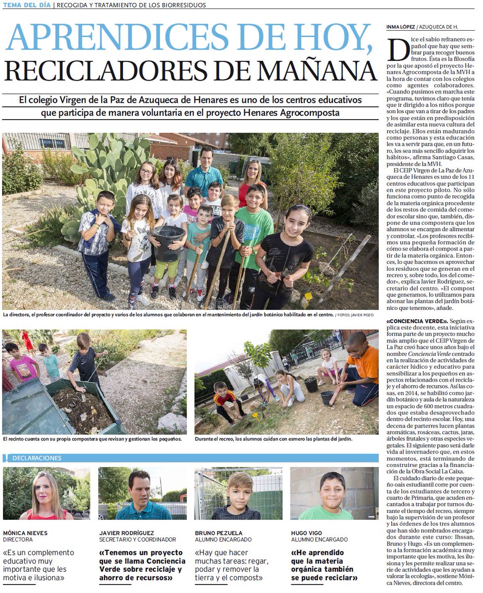 🔊 EL COMPOSTAJE SE ENSEÑA EN LA ESCUELA

Nuestro modelo favorece la asimilación de las normas básicas para separar bien los residuos y lograr una cadena del reciclaje eficaz para alcanzar el 50% en 2020 y el 60% en 2030.

El CEIP 'La Paz' de Azuqueca, un modelo a seguir.