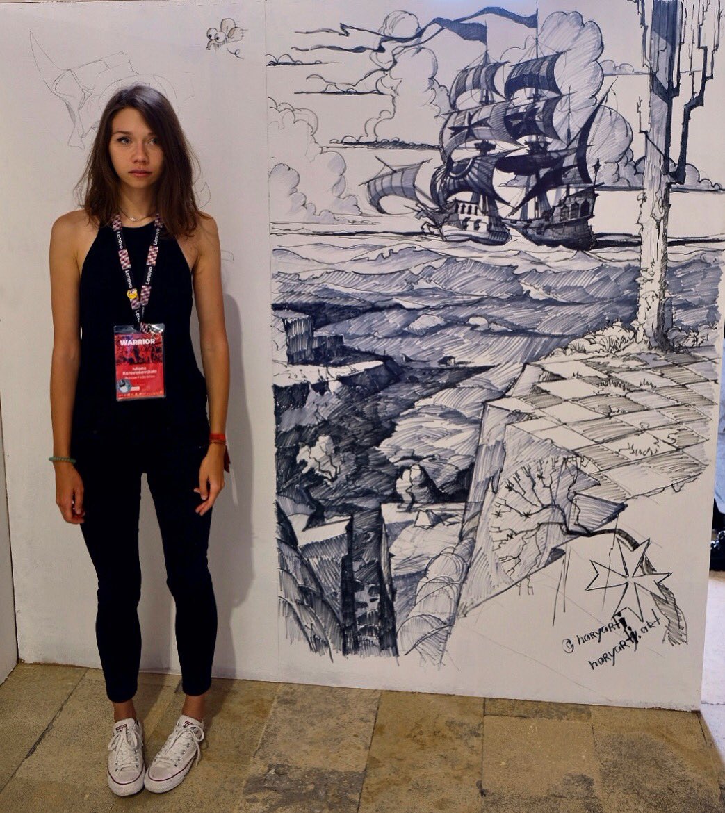 Drew this in Eyvind Earle (the Banner Saga) style just for fun on “free to paint wall” in THU gallery. And the pretty tall girl for comparison. #art #drawing #walldrawing #thu2018 #thuluchadores