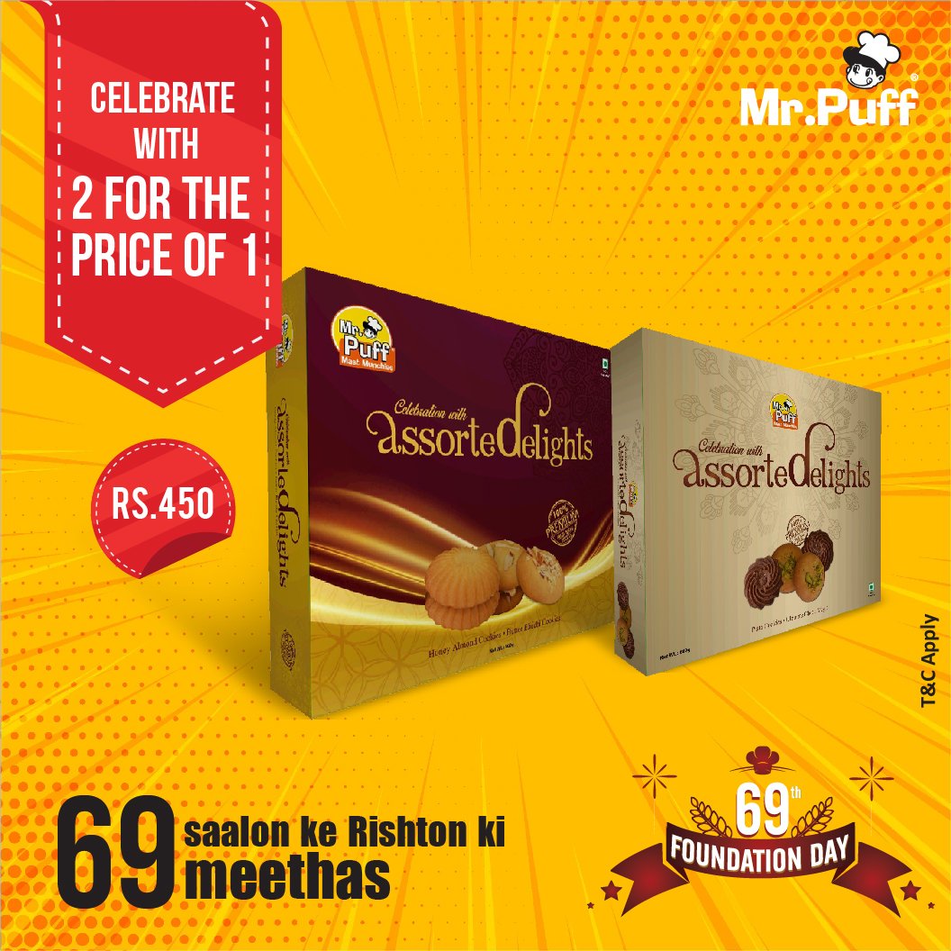 MrPuff_India's tweet photo. On our 69th Foundation Day, we are gifting you a cookie pack of 800 gms on buying another pack of same weight. Make the most of this offer and savor your favorite cookies.Offer starts from 02nd October https://t.co/iStOlJWdbZ