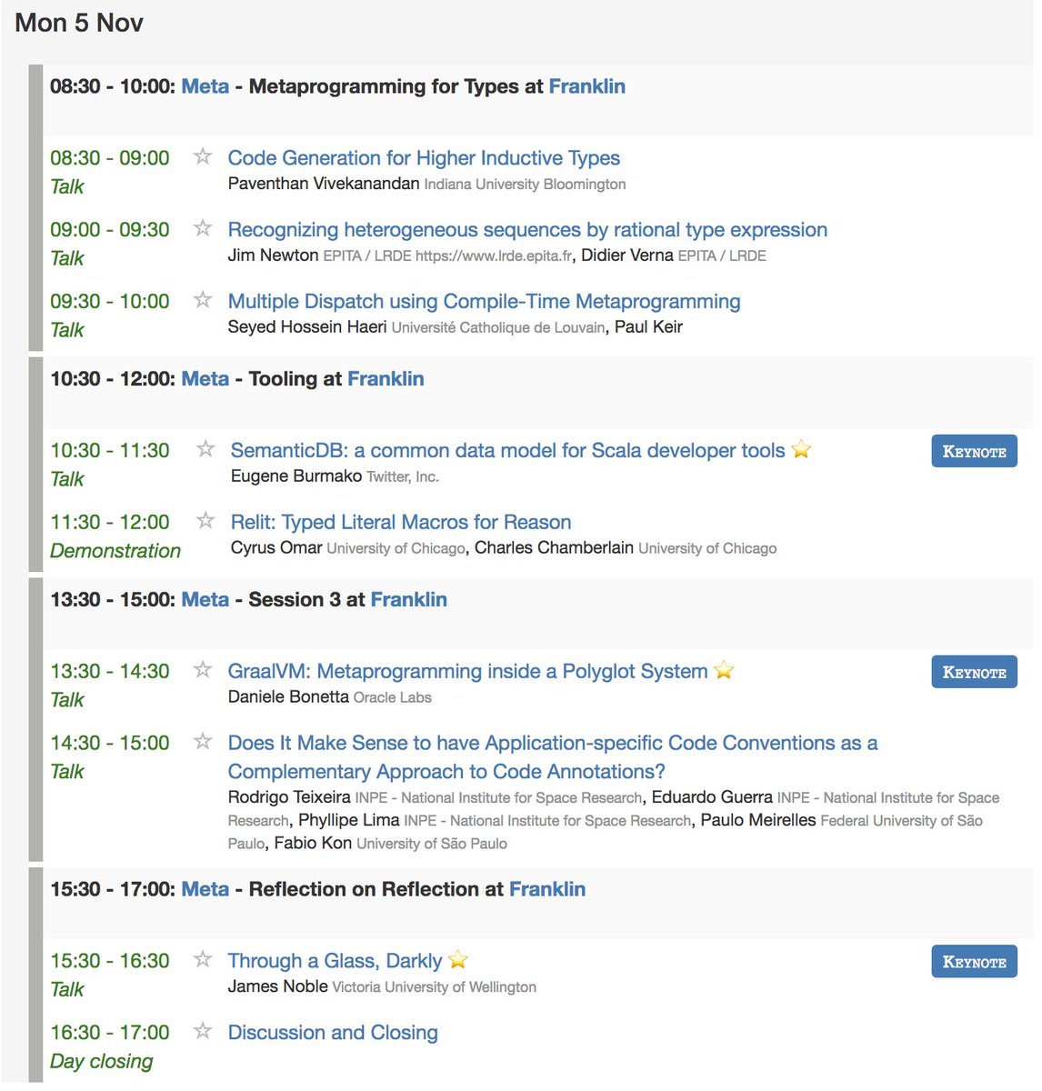 MetaAtSPLASH's tweet photo. Already registered for #meta18? If not, hurry up, early registration deadline is on Monday https://t.co/2dq1b0oxCA!

Below our program.

We are very excited. Thanks to the program committee, all authors, and the speakers who agreed to give presentations.

Can't wait till Boston! https://t.co/a7aCQ32GZD