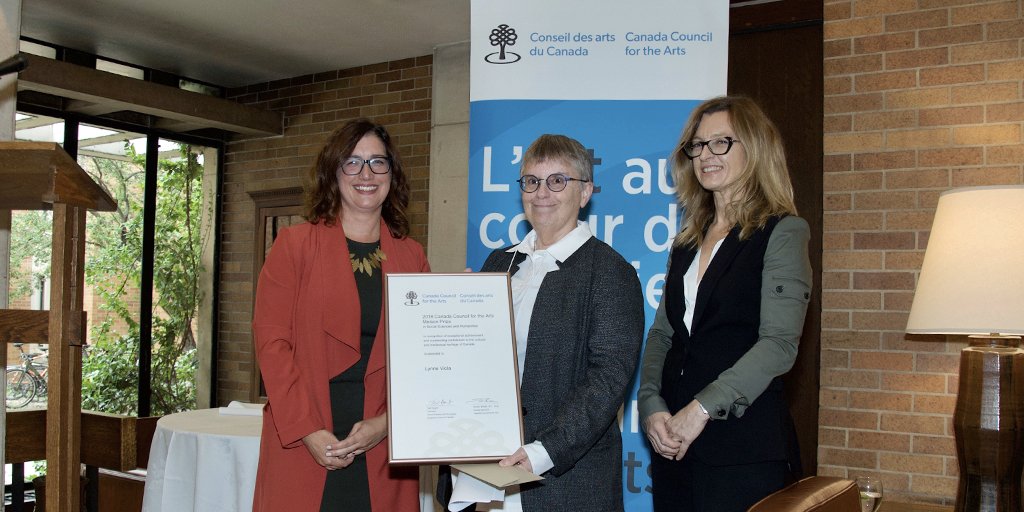 Professor Lynne Viola poses with the Molson Prize alongside Dr. Dominique Bérubé of the Social Science and Humanities Research Council and Tara Lapointe of the Canada Council for the Arts.