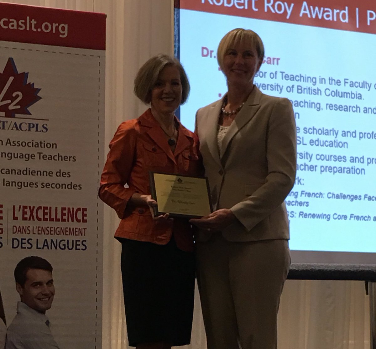 motherofjasper's tweet image. Congrats @mmecarr @UBCTeacherEd on receiving the @CASLT_ACPLS Prix Robert Roy! So well deserved. #languageeducators