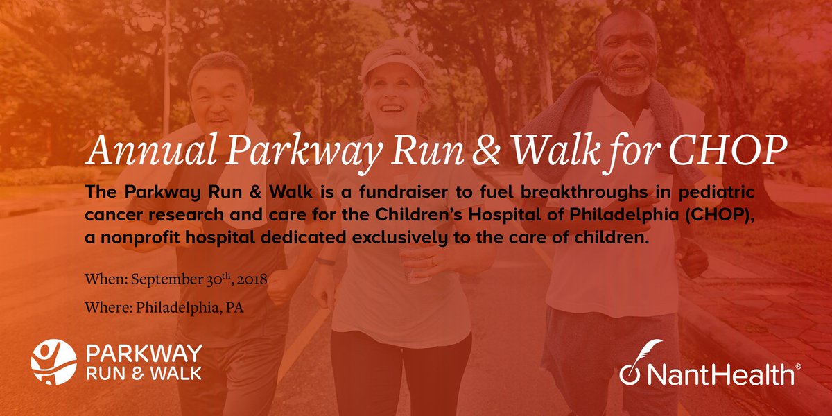 NantHealth's tweet photo. This Sunday, Sept 30th, NantHealth will be participating in the annual Parkway Run &amp; Walk in Philadelphia! This fundraiser fuels breakthroughs in pediatric cancer research and care for the Children's Hospital of Philadelphia (CHOP) #PARKWAYRUN. Learn more: https://t.co/EDenYj3Ptj https://t.co/hY00Q2OqZE