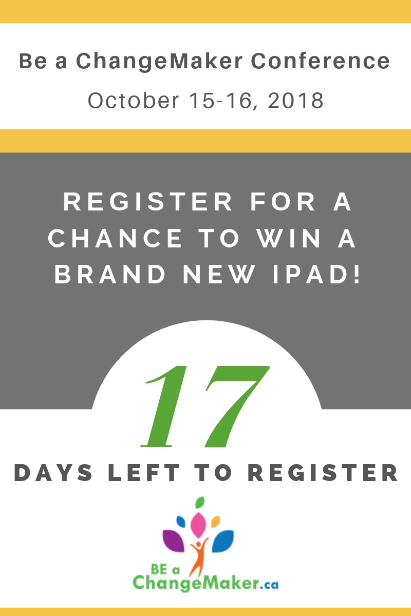 17 days left! I'm still counting the days before our <a href="/BChangeMaker/">Be A ChangeMaker</a> Conference awe-inspiring speakers get here! Register now for a chance to win a brand new iPad! tinyurl.com/ChangeMakerCon…