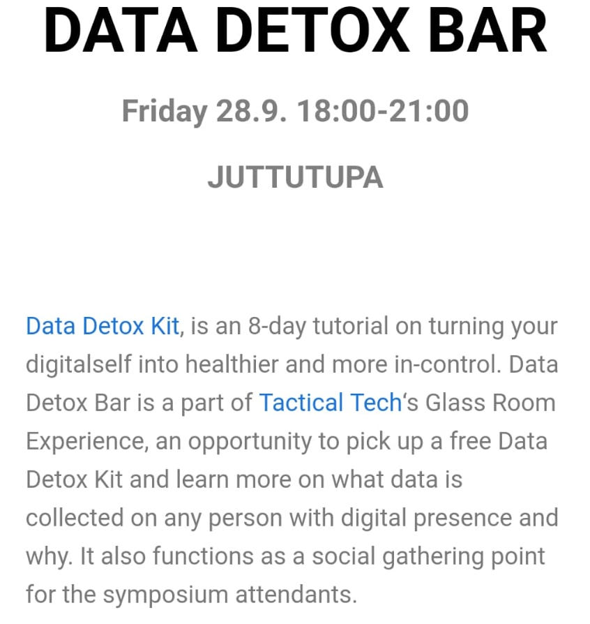 Info_Activism's tweet photo. Data Detox Bar happening tonight at Juttutupa bar in #Helsinki from 6-9pm as part of #socialtools2018. Come by to pick up your free Data Detox Kit and get some tips on how to reduce your data traces #datadetox https://t.co/v83nTgzSmo
