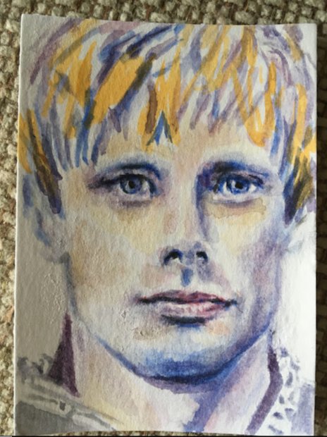 GrifBluePeacock's tweet photo. Merlin-fest continues.  Limiting the Merlin 10 year anniversary celebrations to a single day is just not enough for #Merlin
#10YearsOfMerlin

More #Arthur themed @BradleyJames #fanart for #fanartFriday
#ACEO #watercolor https://t.co/rmBcaaR38g