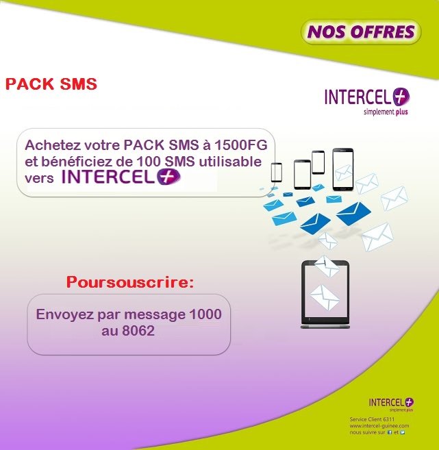 INTERCELPLUS's tweet image. Achetez votre PACK SMS à 1500FG et bénéficiez de 100 SMS utilisables vers INTERCEL+. Pour souscrire au pack sms, envoyez par message 1000 au 8062. Info 6311 
#INTERCEL Plus, Simplement plus