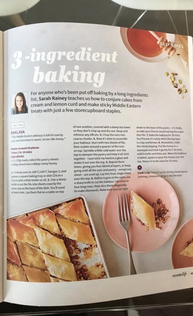 sarahrbakes's tweet photo. Lovely feature on #threeingredientbaking in this month’s @Ocado magazine - thank you! #baklava #magicscones #lemonposset #baking https://t.co/Sp47QgOtx7