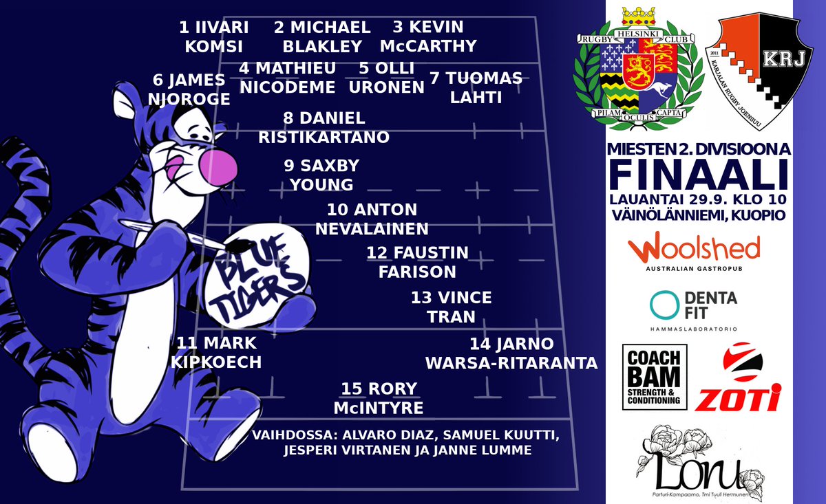 Tomorrow's the last rugby day of the season 2018. The Blue Tigers take on Karjalan Rugby in the 2nd division final and the Big Guns fight for the men's championship against the <a href="/warriors_rc/">Warriors Rugby Club</a>. Kick-offs at 10:00 and 16:00 at the Väinölänniemi stadium in <a href="/kuopiorc/">Kuopio Rugby Club</a>.
#suomirugby