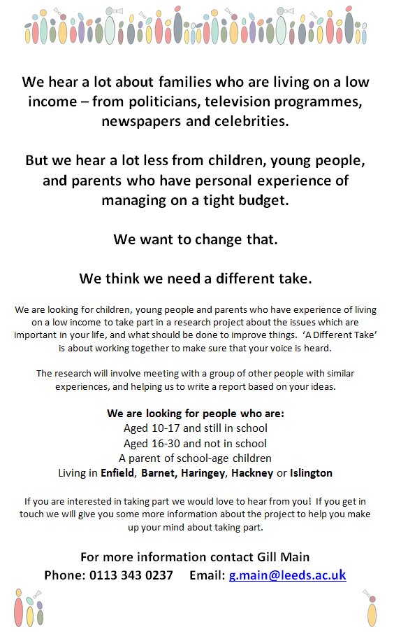 DCSrblin's tweet photo. At @CPAGUK we think the voices of children, young people & parents living on low incomes is missing in debates - together with @Gmain1 @UoLSSI we're working for a #DifferentTake. Can you help us, or know someone who can? Get in touch -and spread the word! https://t.co/PZJ1ZYVSbu https://t.co/6jfvbrb4Zn
