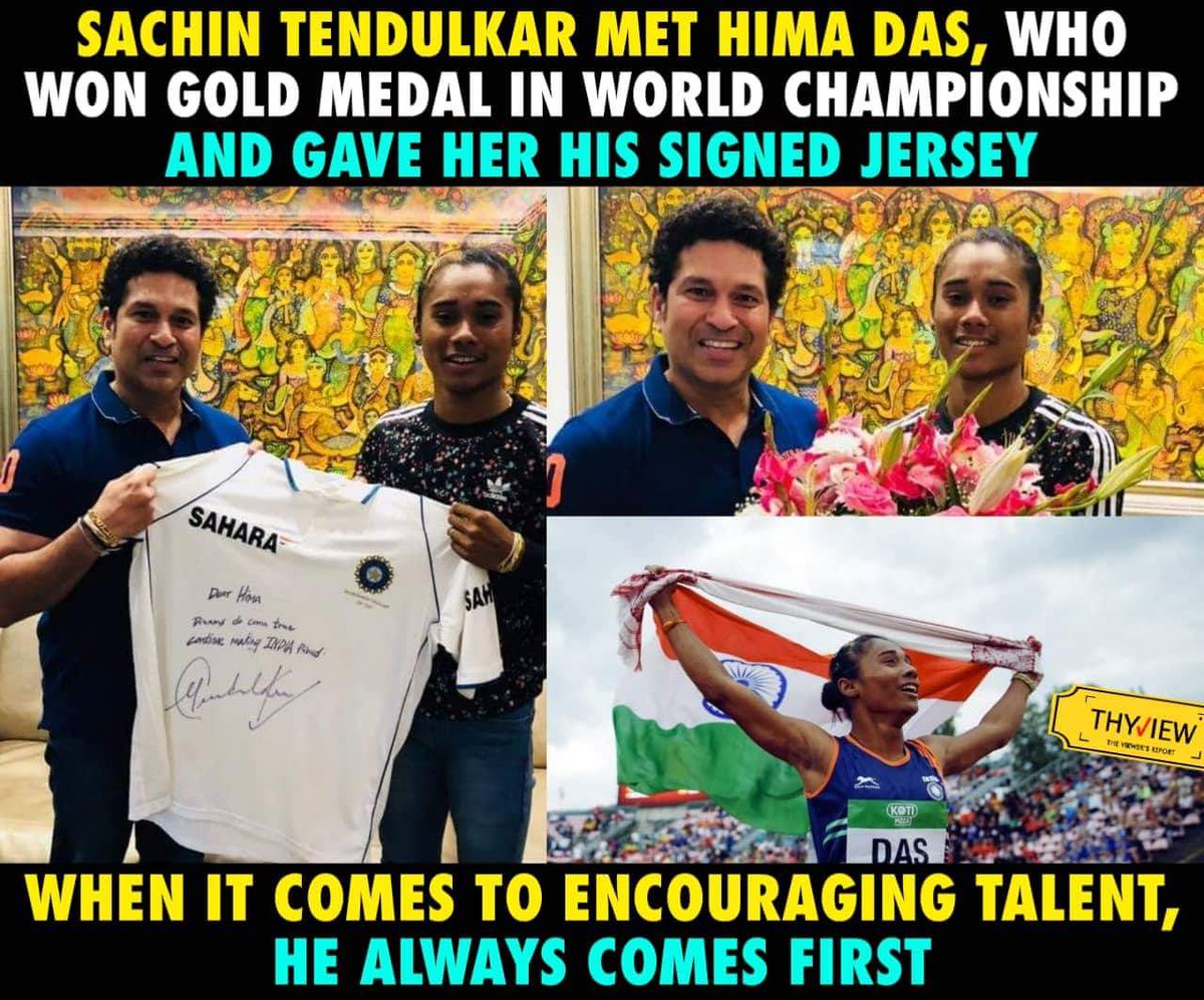 Thyview's tweet photo. "An overwhelming morning, meeting my legend i always looked upon Sachin Tendulkar sir #dreamcometrue #memorablemorning Thanks sir for this memorable jersey and some motivational talks which will really help me in my career"- Himadas
#SachinTendulkar #Himadas @sachin_rt @HimaDas8 https://t.co/yyuhoi6WZn