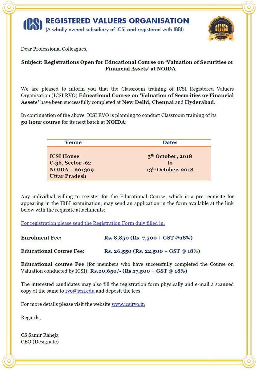 icsi_cs's tweet photo. #ICSIRVO Registrations Open for #EducationalCourse on ‘#Valuation of #Securities or #FinancialAssets’ at Noida https://t.co/aDFDzmfgaf
