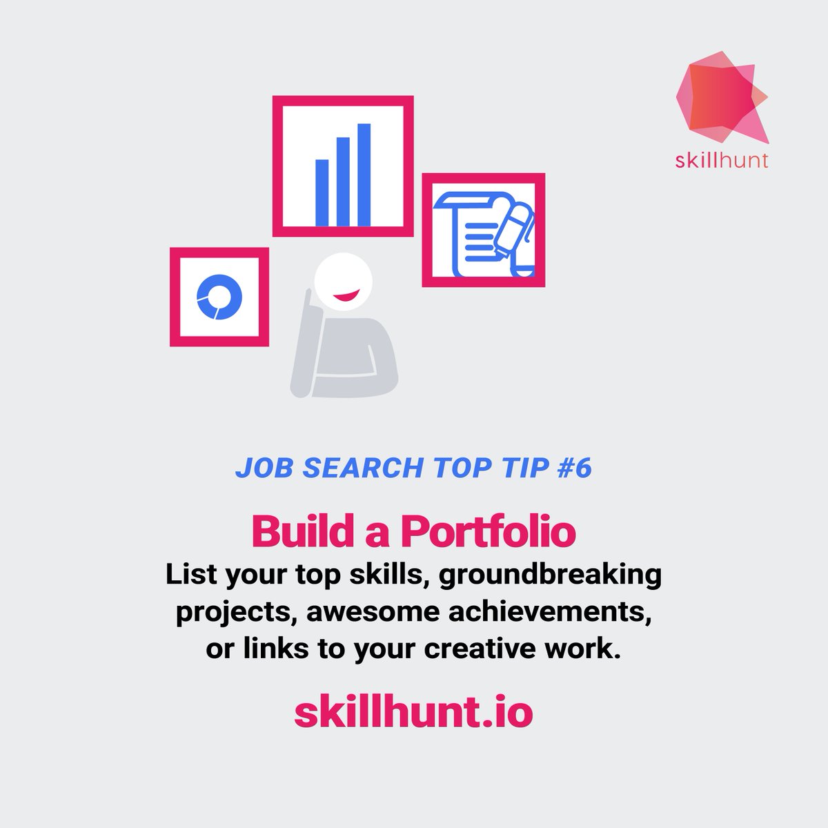 skillhunt_io's tweet photo. Job search top tip #6. Build a Portfolio.  List your top skills, groundbreaking  projects, awesome achievements,  or links to your creative work.  Visit https://t.co/C3QVkBd8O4
#Tips #portfolio #Jobseekers #FridayMotivation #SiliconValley #Careers #skills #jobsearch #huntright https://t.co/CO0yXVepxM
