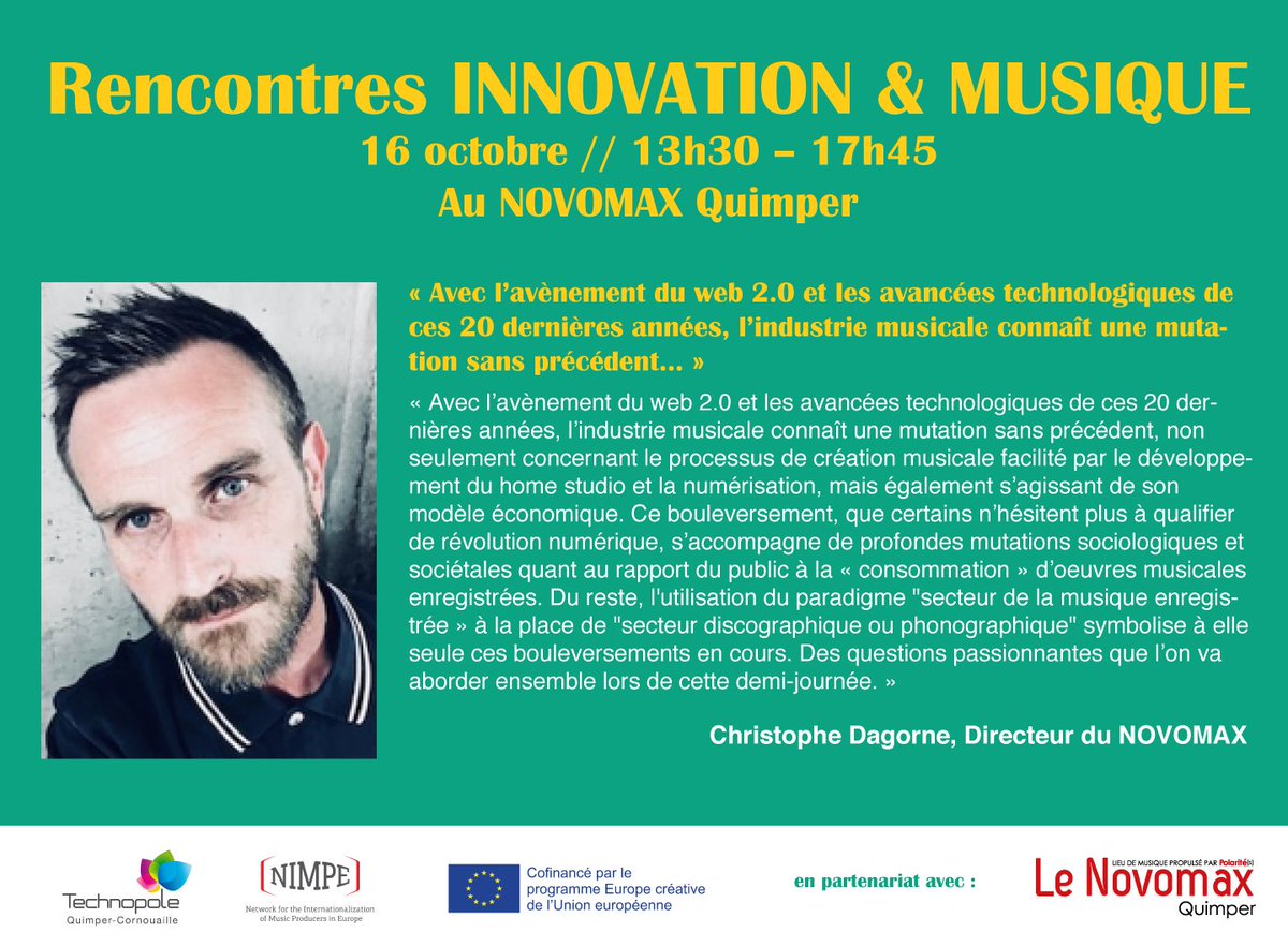 tech_quimper_co's tweet photo. Inscription ouverte pour rencontre professionnelle "#Musique & #Innovation" MARDI 16 octobre à 13h30 au #Novomax à #Quimper. Inscription sur https://t.co/64qFzssm6f #looper #concert #streaming #festivaliers #billeterie #diffusion #musical #compositeur #artistique https://t.co/R3F9zmCek4