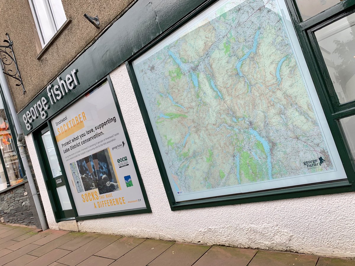 HHSignDisplay's tweet photo. @georgefisheruk - 2 unique window displays fitted yesterday by our team in Keswick. The left, ‘SOCKTOBER’ promotional window display is printed on @Metamarkuk one way vision vinyl and the right is a large reverse printed @OrdnanceSurvey map of the Lake District. https://t.co/UTsk34OcNI