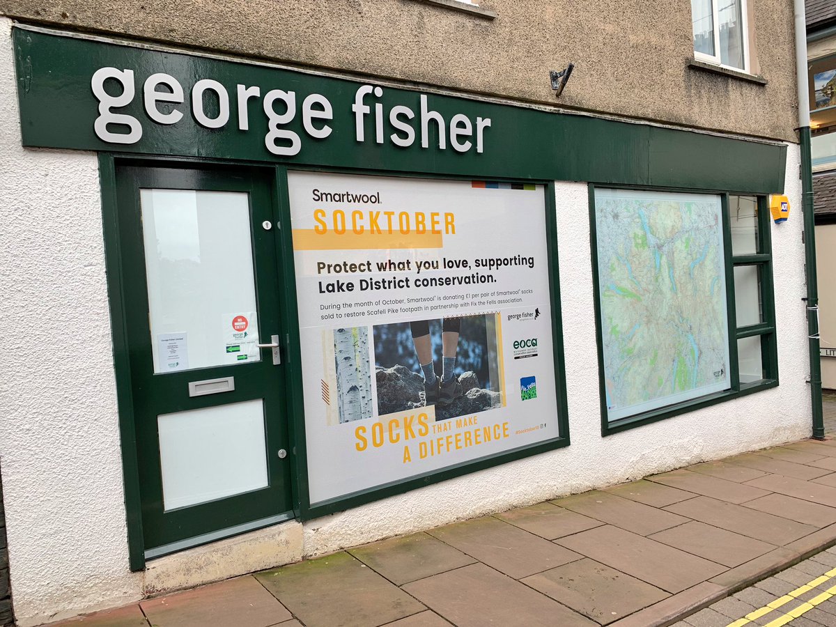 HHSignDisplay's tweet photo. @georgefisheruk - 2 unique window displays fitted yesterday by our team in Keswick. The left, ‘SOCKTOBER’ promotional window display is printed on @Metamarkuk one way vision vinyl and the right is a large reverse printed @OrdnanceSurvey map of the Lake District. https://t.co/UTsk34OcNI